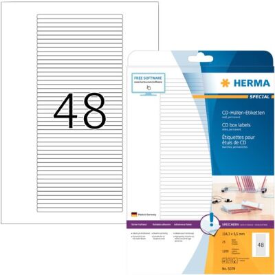 CD-,DVD- Hüllen-Etiketten, 114,3 x 5,5 mm, 1.200 Etiketten, aus Papier, weiß, matt, Packung à 25 Blatt