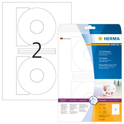 CD-Etiketten, Ø 116mm, (Innenloch groß), 50 Etiketten, aus Papier, weiß, blickdicht, permanent, für Laser-, Inkjetdrucker, Kopierer, Packung à 25 Blatt