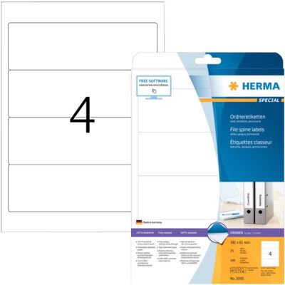 Ordneretiketten 192 x 61 mm, 100 Etiketten, weiß, blickdicht, permanent haftend, für breite Ordner (kurz), Packung à 25 Blatt