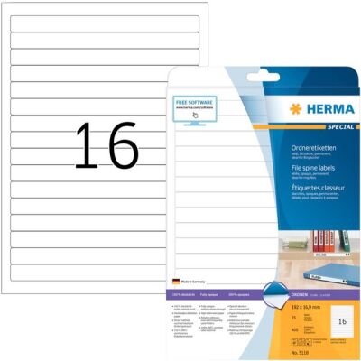 Ordneretiketten 192 x 16,9 mm, 400 Etiketten, weiß, blickdicht, permanent haftend, für schmale Ordner (kurz), Packung à 25 Blatt