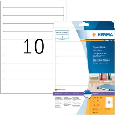 Ordneretiketten 192 x 25,4 mm, 250 Etiketten, weiß, blickdicht, permanent haftend, für schmale Ordner (kurz), Packung à 25 Blatt