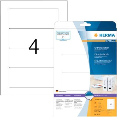 Ordneretiketten 157 x 61 mm, 100 Etiketten, weiß, permanent haftend, für breite Ordner, Packung à 25 Blatt