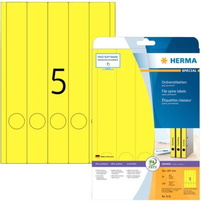 Ordneretiketten 38 x 297 mm, 100 Etiketten, gelb, permanent haftend, für schmale Ordner (lang), Packung à 20 Blatt