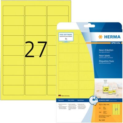 Neonetiketten 63,5 x 29,6 mm, 540 Etiketten, aus Acetatseide, leuchtgelb, 27 Stück/Blatt, Packung à 20 Blatt
