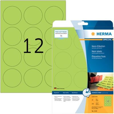 Neonetiketten Ø 60 mm, 240 Etiketten, leuchtgrün, rund, 12 Stück/Blatt, Packung à 20 Blatt