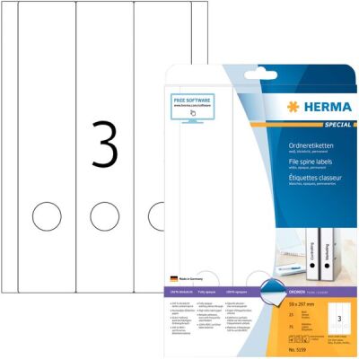 Ordneretiketten 59 x 297 mm, 75 Etiketten, weiß, blickdicht, permanent haftend, für breite Ordner (kurz), Packung à 25 Blatt