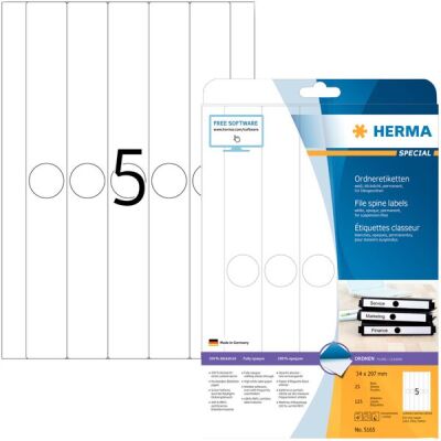 Hängeordneretiketten 34 x 297 mm, 125 Etiketten, weiß, blickdicht, permanent haftend, für schmale Ordner, Packung à 25 Blatt