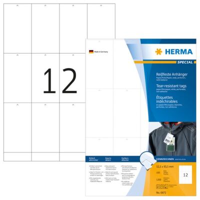Stabile Anhänger 52,5 x 93,5 mm, 1.200 Etiketten, weiß, perforiert, nicht klebend, bedruckbar, Packung à 100 Blatt
