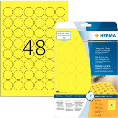 Wetterfeste Folien-Etiketten Ø 30 mm, 1.200 Etiketten, gelb, extrem stark haftend, Packung à 25 Blatt