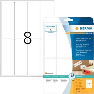 Etiketten für Versand-/Warnhinweise 50 x 142 mm, 200 Etiketten, weiß, permanent haftend, Packung à 25 Blatt