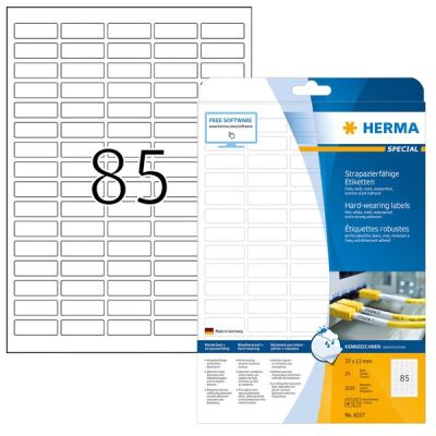 Folien-Etiketten, 37 x 13 mm, weiß, matt, wetterfest, extrem stark haftend, 1 Packung = 25 Blatt = 2.125 Etiketten