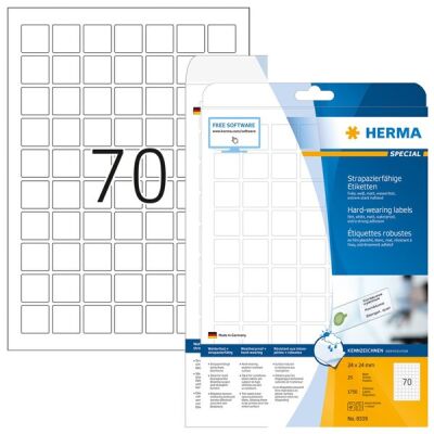 Folien-Etiketten, 24 x 24 mm,weiß, matt, wetterfest, extrem stark haftend, 1 Packung = 25 Blatt =  1.750 Etiketten