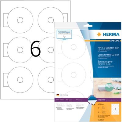 CD-Etiketten Mini Ø 78 mm, 60 Etiketten, aus Papier, weiß, mat, blickdicht, permanent haftend, für Laser-, Farblaser-, Inkjetdrucker, Kopierer, Packung à 60 Blatt