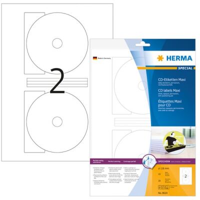 CD-Etiketten Maxi Ø 116 mm, (Innenloch groß), 20 Etiketten, aus Papier, weiß, blickdicht, permanent haftend, für Laser-, Farblaser-, Inkjetdrucker, Kopierer, Packung à 10 Blatt
