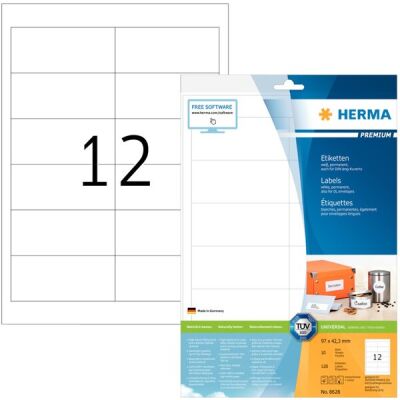 PREMIUM Etiketten 97 x 42,3 mm, 120 Etiketten , weiß, matt, permanent haftend, Blattformat: DIN A4, Packung à 15 Blatt