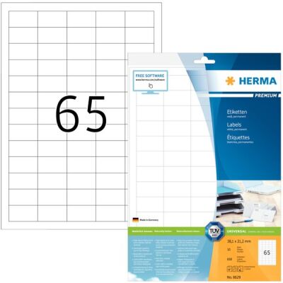 PREMIUM Etiketten 38,1 x 21,2 mm, 650 Etiketten , weiß, matt, permanent haftend, Blattformat: DIN A4, Packung à 10 Blatt