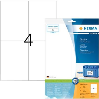 PREMIUM Etiketten 105 x 148 mm, 40 Etiketten , weiß, matt, permanent haftend, Blattformat: DIN A4, Packung à 10 Blatt