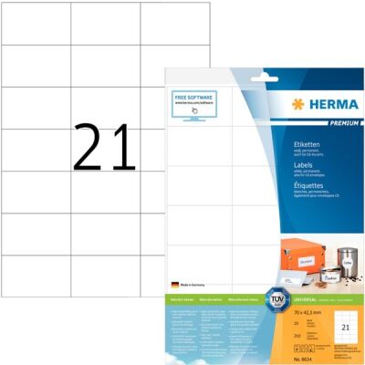 PREMIUM Etiketten 70 x 42,3 mm, 210 Etiketten , weiß, matt, permanent haftend, Blattformat: DIN A4, Packung à 10 Blatt