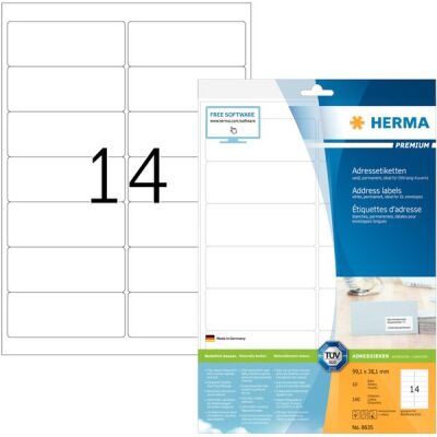 PREMIUM Etiketten 99,1 x 38,1 mm, 140 Etiketten , weiß, matt, permanent haftend, Blattformat: DIN A4, Packung à 10 Blatt
