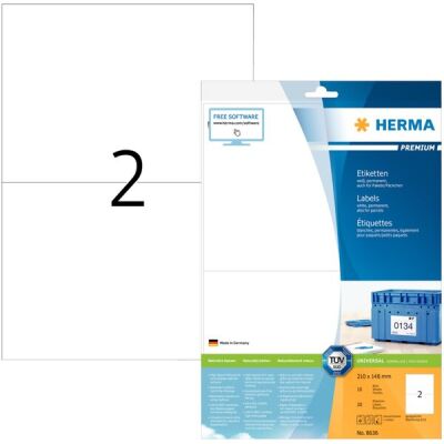 PREMIUM Etiketten 210 x 148 mm, 20 Etiketten , weiß, matt, permanent haftend, Blattformat: DIN A4, Packung à 10 Blatt