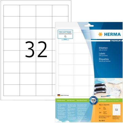 PREMIUM Etiketten 48,3 x 33,8 mm, 320 Etiketten , weiß, matt, permanent haftend, Blattformat: DIN A4, Packung à 10 Blatt