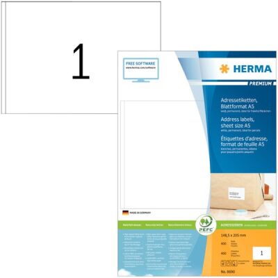 PREMIUM Adressetiketten 148,5 x 205 mm, 400 Etiketten, weiß, matt, permanent haftend, Blattformat: DIN A5, Packung à 400 Blatt