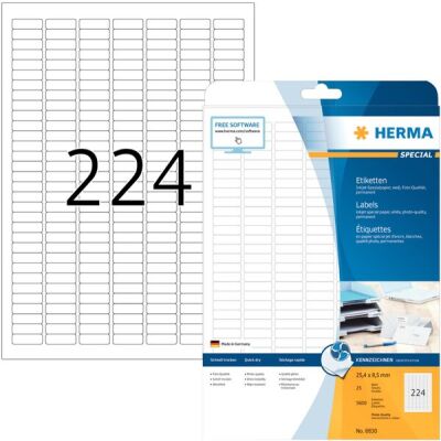 Inkjet-Etiketten 25,4 x 8,5 mm, weiß, permanent haftend, 5.600 Etiketten, 224 Stück/Blatt, Packung à 25 Blatt