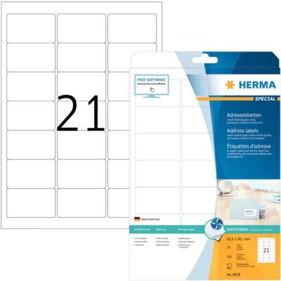 Inkjet-Etiketten 63,5 x 38,1 mm, weiß, permanent haftend, 525 Etiketten, 21 Stück/Blatt, Packung à 25 Blatt