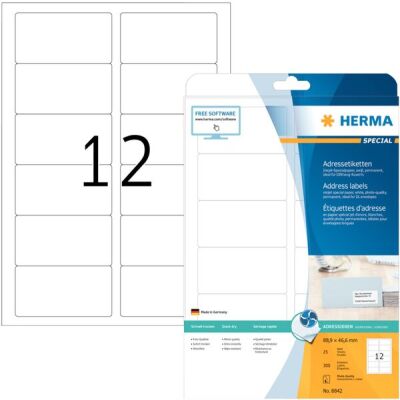 Inkjet-Etiketten 88,9 x 46,6 mm, weiß, permanent haftend, 300 Etiketten, 12 Stück/Blatt, Packung à 25 Blatt