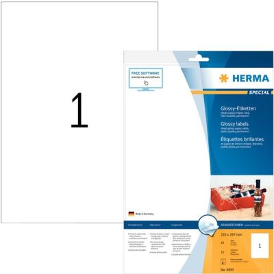 Hochglänzende Inkjet-Etiketten 210 x 297 mm, 10 Etiketten, weiß, permanent haftend, 1 Stück/Blatt, Packung à 10 Blatt
