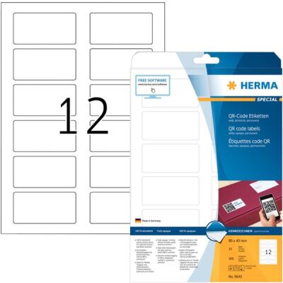 QR-Code Etiketten, 80 x 40 mm, 300 Etiketten, weiß, blickdicht, für Laser-, Farblaser-, Inkjetdrucker, Kopierer, Packung à 25 Blatt