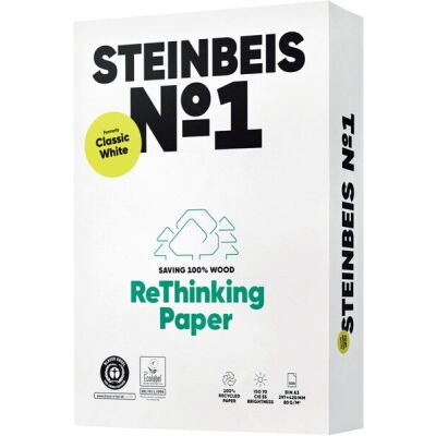 Steinbeis No. 1 Kopierpapier, Recycling, DIN A4, 80 g/qm, weiß, Weißegrad: 55 CIE, Packung à 500 Blatt