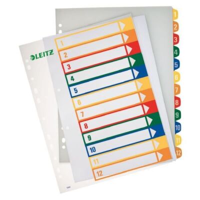 Plastikregister A4, Überbreite, Tabe: 1-12 (farbig), Universallochung, transparent, Maße: 305 x 245 mm