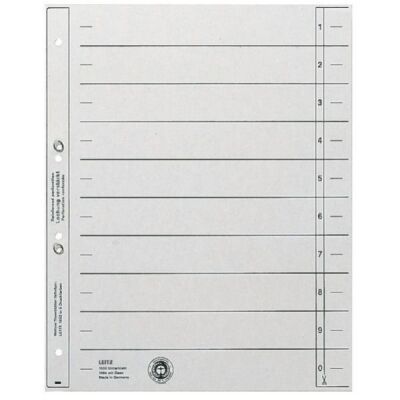 Trennblatt A4 Überbreite, grau, Liniendruck, Lochung geöst, Kraftkarton: 200g, Inhalt: 100 Stück, Maße: 240 x 300 mm