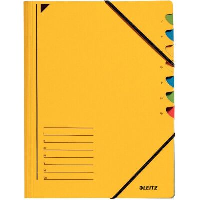 Ordnungsmappe, 7 Fächer,gelb, farbige Taben, Beschriftungslinien auf Vorderdeckel, Eckspannverschluss, Karton