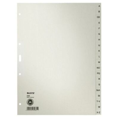 Papierregister A4, Tabe: A-Z, 20tlg., hellgrau, Lochverstärkung erste Blatt, 4-fach Lochung, Tauenpapier 100g, Maße: 225 x 300 mm