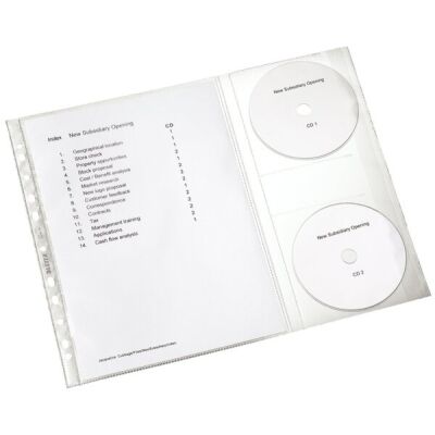 Prospekthülle A4, CdunkelKlappe für 2 CDs, oben offen, dokumentenecht, Universallochung, PP-Folie, Folie: 0,15mm, Inhalt: 5 Stück, Maße: 230 x 315 mm