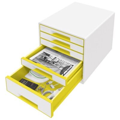Schubladenbox WOW Cube 5 geschlossene Schubladen, 1 hohe, 4 flache, weiß/gelb, mit Auszugstopp, Schubladeneinsatz