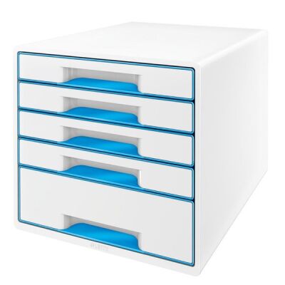 Schubladenbox WOW Cube 5 geschlossene Schubladen, 1 hohe, 4 flache, weiß/blau, mit Auszugstopp, Schubladeneinsatz