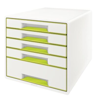 Schubladenbox WOW Cube 5 geschlossene Schubladen, 1 hohe, 4 flache, weiß/grün, mit Auszugstopp, Schubladeneinsatz