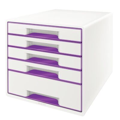 Schubladenbox WOW Cube 5 geschlossene Schubladen, 1 hohe, 4 flache, weiß/violett, mit Auszugstopp, Schubladeneinsatz
