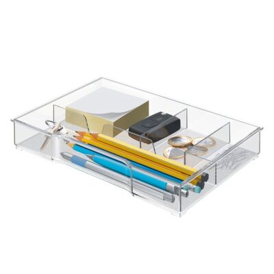 Schubladeneinsatz transparent, 4 Fächer, für CUBE und CUBE WOW, Maße: 245 x 33 x 165 mm.