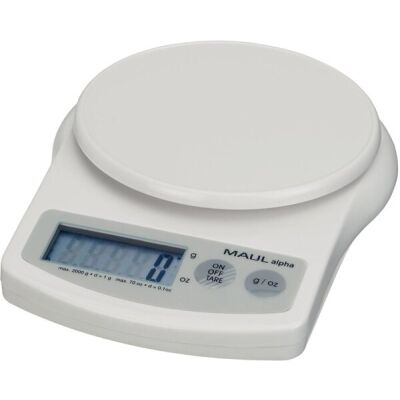 Briefwaage MAULalpha, weiß, Tragkraft 2000 g,  Wiegefläche Ø 120 mm, Maße: 188 x 137 x 36 mm, Teilung 1g