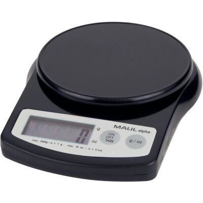 Briefwaage MAULalpha, schwarz, Tragkraft 2000 g,  Wiegefläche Ø 120 mm, Maße: 188 x 137 x 36 mm, Teilung 1g