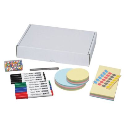 Moderatoren-Zubehör, Grundausstattung im Karton, Inhalt farbig sortiert