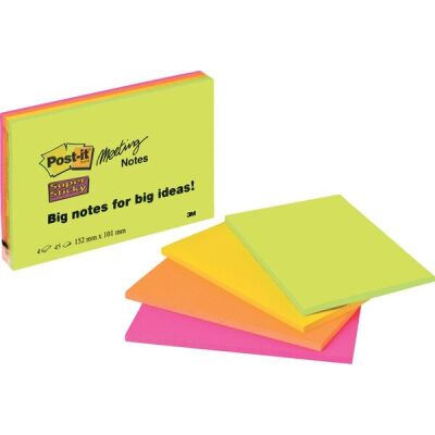 Haftnotiz Super Sticky Meeting Note, 101 x 152 mm, 4 x 45 Blatt, 4 Block, limonengrün, ultragelb, vitalorange, powerpink