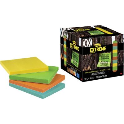Extreme Notes, 76 x 76 mm, 12 x 45 Blatt, 12 Block, je 3 Block grün, gelb, orange, türkis, wasserabweisend, auf fast allen Untergründen haftend
