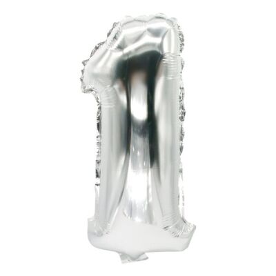 Folienlufballon, 35 x 20cm, "1",silber, mit selbstschließendem Ventil, problemloses wieder befüllen mit Luft