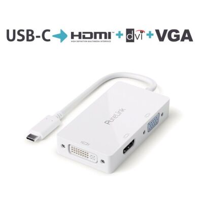 Adapter iSerie, USB-C auf Multiport, DVI mit FullHD, VGA mit WUXGA, HDMI mit 4K30Hz, weiß, 0,10 m