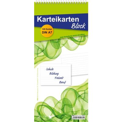 Karteikartenblock A7, weiß, liniert, 170g, Doppelspieralbindung,